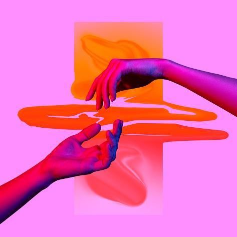 size: 16x16in Photographic Print: Contemporary Art Collage. Modern Design Work in Neon Trendy Colors. Tender Human Hands. Stylish And by master1305 : Fashion Drawing Sketches, Human Hands, Journal Themes, Light Touch, Human Hand, Neon Art, Retro Aesthetic, Art Collage, Trendy Colors