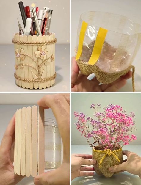 Flower Bouquet Craft, Tying A Bow, Bouquet Craft, Pencil Stand, Ice Cream Stick Craft, Ice Cream Sticks, Diy Pencil, Pen Stand, Ice Cream Stick