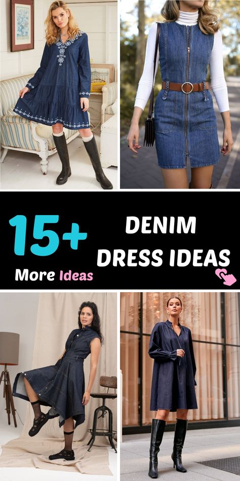 Discover a variety of chic denim dresses in our collection to find your perfect style inspiration. Whether you're heading to a casual meet-up or planning a weekend adventure, a denim dress is the ultimate versatile and on-trend piece for any occasion. Elevate your closet with our range of fashionable denim dress suggestions that will effortlessly enhance your wardrobe with flair and style. Explore new ways to rock denim fashion! Styling A Denim Dress, Denim Shirt Dress Outfit Winter, Sleeveless Denim Dress Outfit, How To Style A Jean Dress, Fall Denim Dress Outfit, Jean Dress Outfit Winter, How To Style A Denim Dress, Denim Dress Outfit Ideas, Jean Dress Outfit