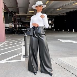 Pant Trousers Women, Plaid Jacket Women, Leg Pants Outfit, High Waist Wide Leg Pants, Leather Pants Women, High Waist Fashion, Black High Waist, Faux Leather Pants, Street Style Women