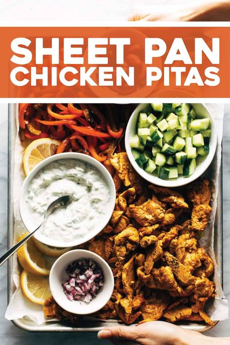 Sheet Pan Chicken Pitas that are salty-briney-crunchy in all the right ways! Marinated chicken, roasted peppers, fresh cucumber, kalamata olives, feta cheese, and an easy homemade tzatziki. #sheetpan #easydinner #chicken #mediterranean Sheet Pan Chicken Pitas, Chicken Mediterranean, Chicken Pitas, Yogurt Dill Sauce, Chicken Pita, Chicken Roasted, Sheet Pan Dinners Chicken, Fresh Cucumber, Homemade Tzatziki