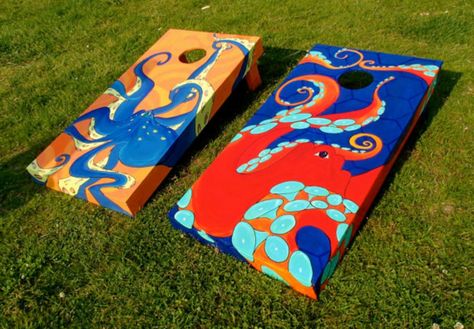 diy painted cornhole Painted Corn Hole Boards, Patio Games, Backyard Party Games, Cornhole Boards Designs, Corn Hole Boards, Backyard Bbq Party, Cornhole Designs, Backyard Activities, Custom Cornhole Boards