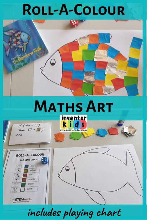 A finished rainbow fish and book with game setup of paper, fish, dice and instructions. Ocean Themed Games, The Rainbow Fish Activities, Fish Activities For Preschool, Rainbow Fish Activities, Maths Art, Rainbow Fish Crafts, The Rainbow Fish, Ocean Theme Preschool, Fish Activities