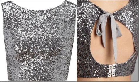 Sparkle Blouse Design, Sequined Blouse Designs, Lehenga Blouse Ideas Crop Tops, Silver Blouse Designs Latest, Sequin Blouse Designs Latest, Sequins Blouse Designs, Silver Crop Top, Sleeveless Blouse Designs, Sequence Blouse