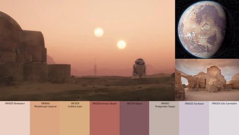 Happy Thursday and May the Fourth Be With You for Star Wars Day! Today we decided to do something fun with our Sherwin Williams Paint Collection. You can channel all the shades of Tatooine with these pretty paints from Sherwin Williams! Boys Star Wars Bedroom Paint, Tatooine Inspired Bedroom, Star Wars Colour Palette, Tatooine Aesthetic Bedroom, Tatooine Bedroom, Star Wars Color Palette, Naboo Wedding, Star Wars Wall Painting, Tatooine Aesthetic