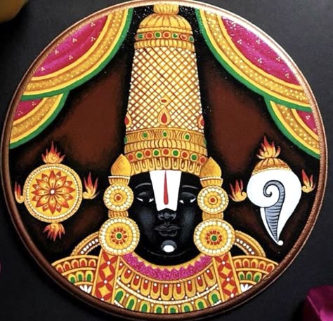 Vishnu Rangoli, Round Mdf Board Painting Ideas, Balaji Painting, Gods Drawing, Meenakari Painting, God Drawings, Tracing Design, Lippon Art, Bala Ji