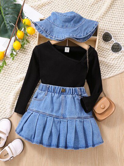 Toddler Skirt Outfit, Skirt For Kids, Girls Denim Dress, Pleated Denim Skirt, Outfit For Kids, Girls Denim Skirts, Pleated Denim, Cheap Kids Clothes, Denim Skirt Outfits