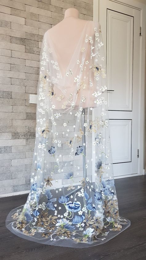 Wedding Dresses With Blue Detail, Cape Veils Bridal, Embroidered Wedding Cape, Blue Flower Wedding Dress, Blue Floral Wedding Veil, Blue Embroidered Veil, Veil With Blue Flowers, Veil With Colored Flowers, Blue Floral Veil