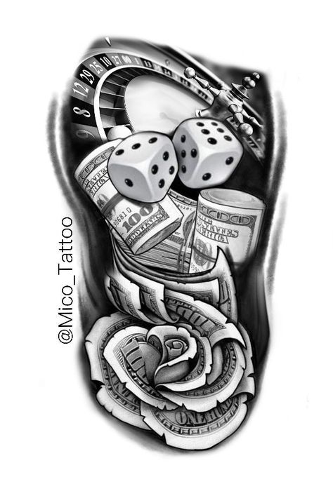 Casino Tattoo Design, Gambling Tattoos, Money Tattoo Designs, Tattoos Black And White, Money Rose Tattoo, Poker Tattoo, Dollar Tattoo, Casino Tattoo, Dice Tattoo