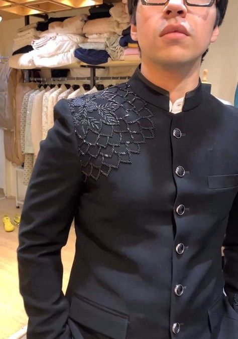 Jodhpuri Work For Men, Black Jodhpuri Suits For Men Wedding, Embroidery Suits Design Men, Bandgala For Men, Embroidery Designs For Men, Jodhpuri Suits For Men Wedding, Black Jodhpuri, Embroidered Bandhgala, Suits For Men Wedding