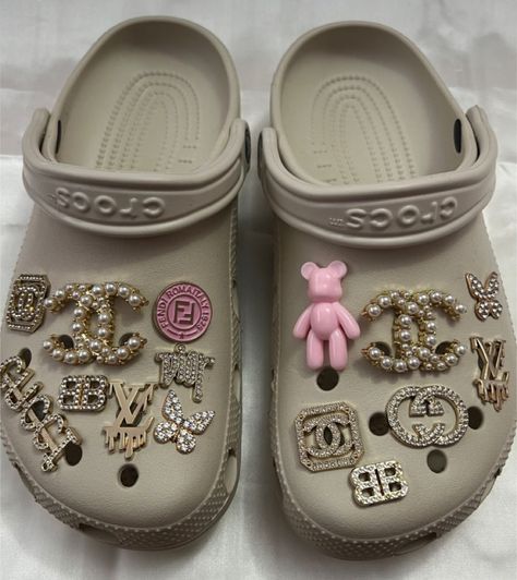 Leopard Crocs With Charms, Cream Crocs With Jibbitz, Beige Crocs With Charms, Tan Crocs With Charms, Grey Crocs With Charms, Crocks With Charms, Crocs And Charms, Crocs Designer Jibbitz, Designer Crocs Charms