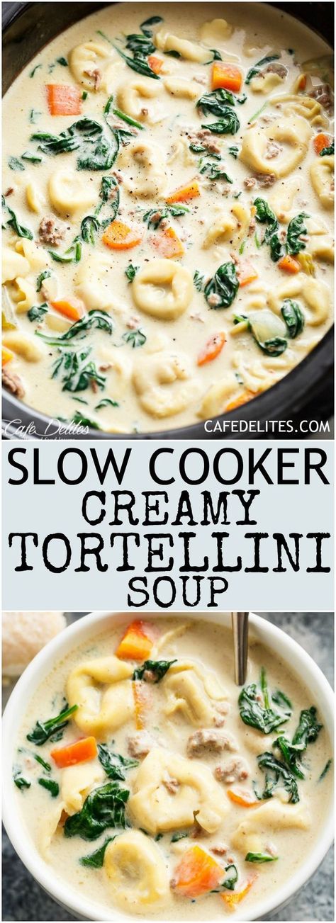 Slow Cooker Creamy Tortellini Soup is pure comfort food, loaded with vegetables, Italian sausage and cheese tortellini! NO flour and NO heavy cream! | https://cafedelites.com Slow Cooker Creamy Tortellini Soup, Slow Cooker Tortellini Soup, Resep Vegan, Creamy Tortellini Soup, Creamy Tortellini, Soup Creamy, Resep Pasta, Delicious Slow Cooker Recipes, Pot Recipes Healthy