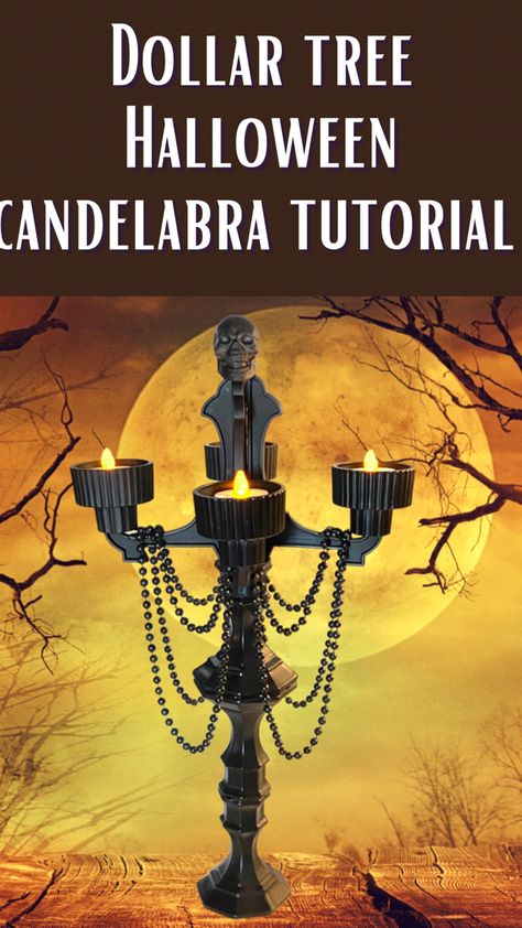 Dollar Tree Halloween Candelabra Tutorial Candelabra Halloween Decor, Decorate Chandelier For Halloween, Halloween Candelabra Diy, Diy Chandelier Halloween, Diy Candelabra Dollar Tree, Diy Candleabra Halloween, Diy Halloween Chandelier Decor, Diy Halloween Candleabra Ideas, Diy Candleabra Ideas Dollar Tree