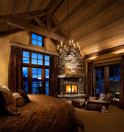 Rocky Mountain Builders - Whitefish, MT | RESIDENTIAL Rustic Fireplaces, Bedroom Fireplace, Log Cabin Homes, Trendy Bedroom, Cozy Bedding, Dream Houses, Rustic Bedroom, Style At Home, Cabin Homes