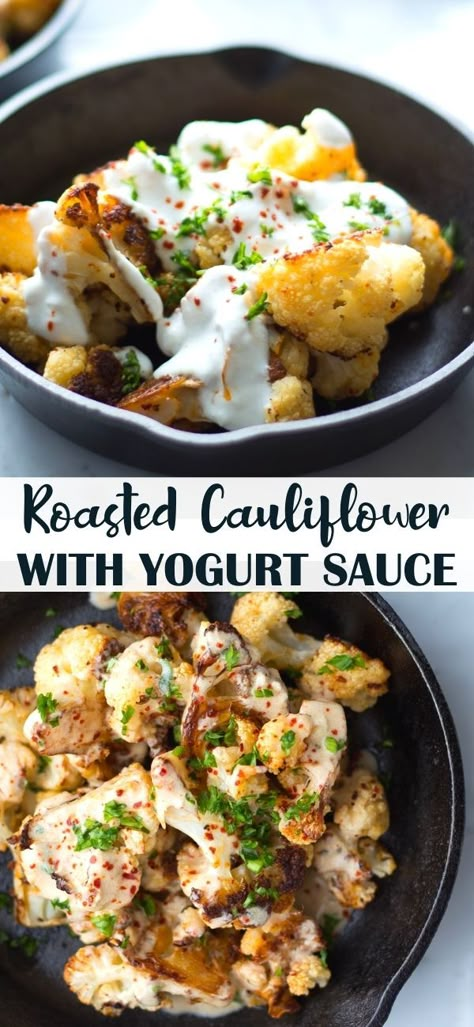 Roasted Cauliflower With Yogurt Sauce, Cauliflower Sauce Recipes, Homemade Meatballs Easy, Yogurt Dill Sauce, Greek Yogurt Sauce, Cauliflower Sauce, Roasted Cauliflower Recipes, Whole Roasted Cauliflower, Lemon Yogurt