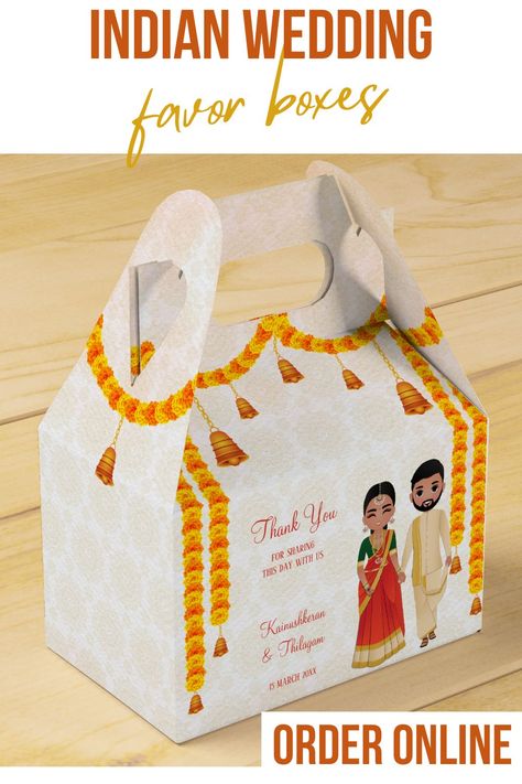 Marigold garlands bells with Tamil Telugu wedding Favor Box Return Gifts For Wedding Indian, Wedding Return Gifts Indian, Wed Invitation, Return Gifts Indian, Wedding Return Gifts, Bridal Couple, Wedding Favor Box, Thank You Bags, Telugu Wedding