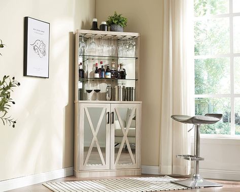 Home Source Stone Grey Corner Bar Unit with Built-in Wine Rack and Lower Cabinet Corner Bar Cabinet, Liquor Shelf, Coin Bar, Home Bar Cabinet, Corner Bar, Bar Unit, Wine Bar Cabinet, Bar Storage, White Dining Room