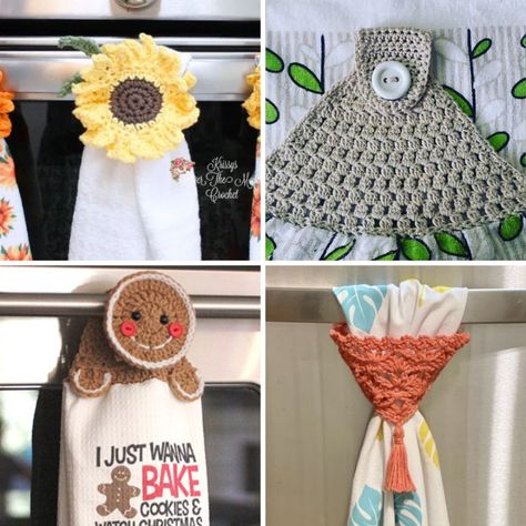 25 Easy Crochet Towel Topper Patterns • Simply Collectible Crochet Towel Toppers, Crochet Towel Topper, Crochet Kitchen Towels, Crochet Towel, Crochet Sunflower, Crochet Kitchen, Towel Pattern, Double Crochet Stitch, Modern Crochet