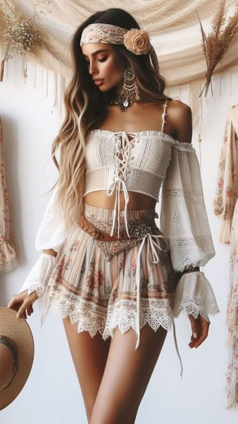 Vintage Style Photoshoot, Lace Shirt Outfit, Coachella Inspired Outfits, Looks Hippie, Hippie Chic Fashion, Boho Fashion Summer, Hippy Chic, Hippie Style Clothing, Boho Style Outfits