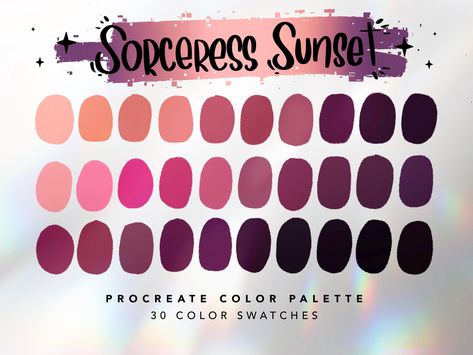 Sorceress Sunset Color Palette For Procreate This color palette contains 30 color swatches to use in Procreate App. These colors were handpicked and were inspired by colorful orange and purple sunsets. ⭐️ || YOU WILL RECEIVE || ⭐️ 1 x Procreate Palette Instructions 1 x JPG file with all swatches 1 x Sorceress Sunset Color Palette for Procreate || .swatches file ⭐️ || HOW TO USE || ⭐️ 1. You will receive an email after you complete checkout with a link to download the files. 2. You can also log i Fun Color Combinations, Sunset Procreate, Sunset Colour Palette, Purple Sunsets, Beach Palette, Procreate Swatches, Procreate Palettes, Color Palette Procreate, Procreate Palette