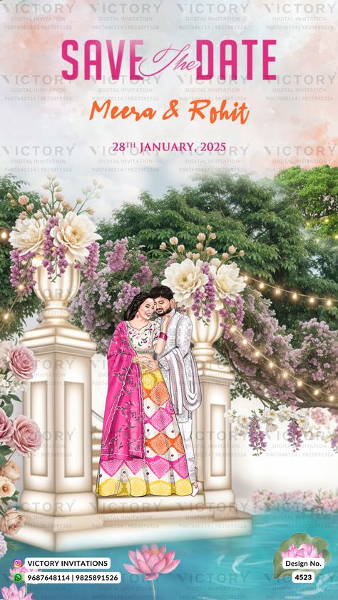 Order Now: Call / WhatsApp: +91 9687648114  The royal Theme of Romantic couple caricature digital invitation card for Save the Date in peach and white background color. This e-invite card is available in English language. Save the Date wedding cards includes elements such as flowers, leaves, gate, string light, tree. Digital Save The Date Ideas, Invite Background, Caricature Invitation, Couple Caricature, Wedding Card Design Indian, Royal Theme, Light Tree, Invite Card, Whatsapp Profile