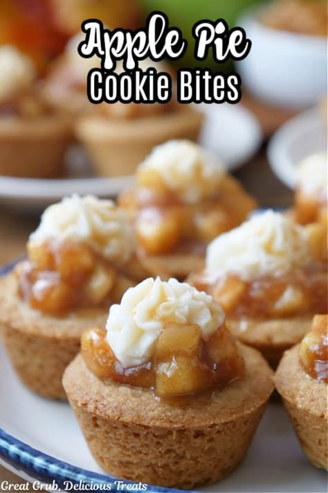 Apple Pie Cookie Bites are a delicious bite-size sugar cookie cup, filled with a homemade apple pie filling, topped with buttercream frosting, and drizzled with creamy caramel sauce. Mini Apple Pie Cookie Cups, Sugar Cookie Apple Pie Cups, Cherry Pie Cookie Cups, Sugar Cookie Mini Pies, Apple Pie Cookie Cups, Cups Desserts, Cookies Bites, Apple Pie Cookie, Cream Cheese Puffs