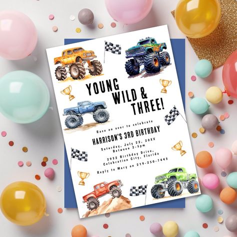 $1.98 | Modern Kids Monster Trucks Birthday Party Invitation #kidsbirthdayparty #modernbirthdayinvitation #childrensparty #boysbirthday #girlsbirthday #monstertrucks #race #truck #car #racing Monster Truck 3rd Birthday Party, Third Birthday Boys, 3rd Birthday Party For Boy, 3rd Birthday Boys, Young Wild And Three, Bubble Gift, Typography Script, Monster Car, Monster Truck Party