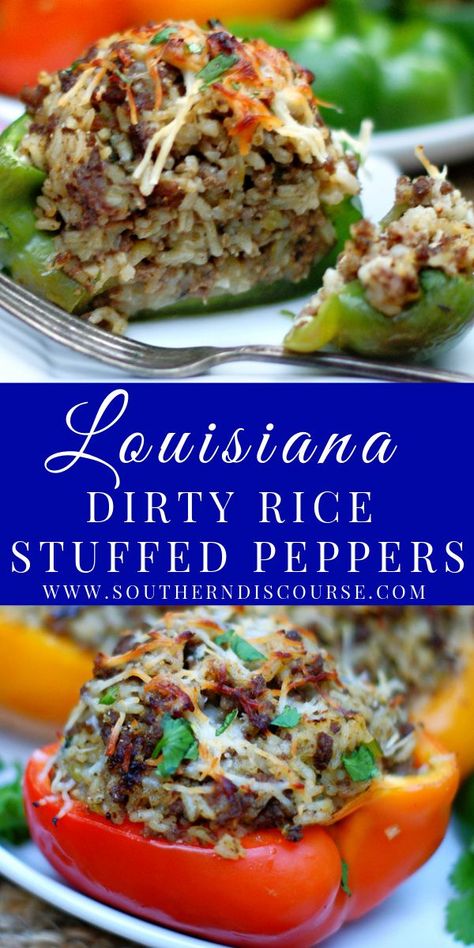 Louisiana Dirty Rice was made to be stuffed into a bell pepper! Richly savory, wonderfully aromatic, the beef, sausage and rice in this recipe marry with zesty bell peppers to create an easy meal. Top with Parmesan cheese for extra yum! Louisiana Dirty Rice, Rice Stuffed Bell Peppers, Rice Leftovers, Stuffed Bell Peppers Ground Beef, Rice Stuffed Peppers, Best Stuffed Pepper Recipe, Cooking Peppers, Dirty Rice Recipe, Stuffed Peppers With Rice