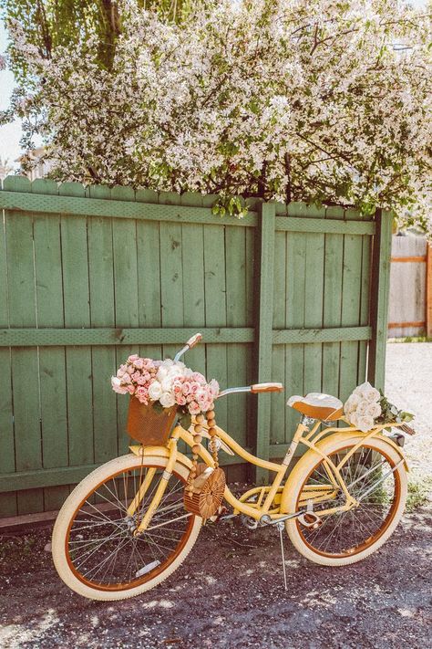 Bikes With Flowers, Cute Bikes With Basket, Bikes With Baskets, Old Fashioned Bike, Bicycle Aesthetic, Spring Bike, Bici Retro, Aesthetic Bike, Yellow Bike