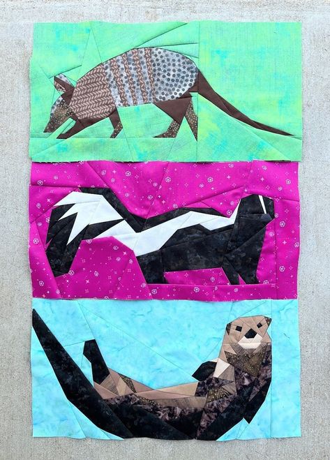 Armadillo, Skunk, River Otter FPP--Woodland and Riverside Animals Series--3 Blocks--Paper Piecing Quilt Block Patterns Foundation Paper Piecing Patterns Free, Otter Quilt, Animal Quilt Patterns, Animal Quilt Blocks, Story Quilts, Wildlife Quilts, Animal Baby Quilt, Paper Pieced Quilt Patterns, Foundation Paper Piecing Patterns