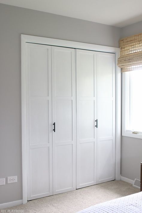 Have old bifold closet doors in your home? Upgrade them with this simple DIY tutorial. We added trim, paint, and sleek black handles for a new upgraded look on a budget! Closet Shutter Doors Ideas, Modern Bifold Closet Doors, Old Closet Doors, Bifold Doors Makeover, Folding Closet Doors, Pintu Interior, Bedroom Closet Doors, Closet Door Makeover, Dream Ideas