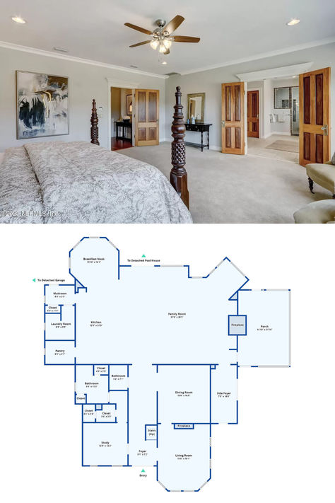 The Primary Bedroom Includes an Ensuite Bathroom with Double Doors (Floor Plan) Double Story Bedroom, 2 Story Bedroom, Modern Georgian, Northwest Style, Floor Plan Creator, Porch House Plans, Shingle Siding, 6 Bedroom House, Home Design Software