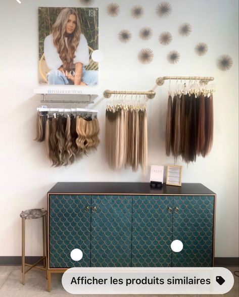 Hair Extension Display Ideas, Extension Display, Salon Decor Studio, Hair Display, Hair Wall, Hair Extension Salon, Salon Suites Decor, Beauty Beast, Salon Suites