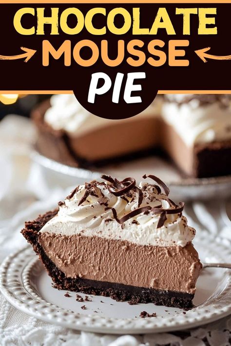 This no-bake chocolate mousse pie features a dreamy Oreo cookie crust filled with silky-smooth chocolate mousse and crowned with pillowy whipped cream. Chocolate Whipped Pie, Cookie Whipped Cream Dessert, Chocolate Mousse Pie Easy, No Bake Cakes And Pies, Mousse Pie Recipes, Dessert Recipes With Whipped Cream, Pies With One Crust, Quick Easy Pie Recipes, Different Pie Recipes