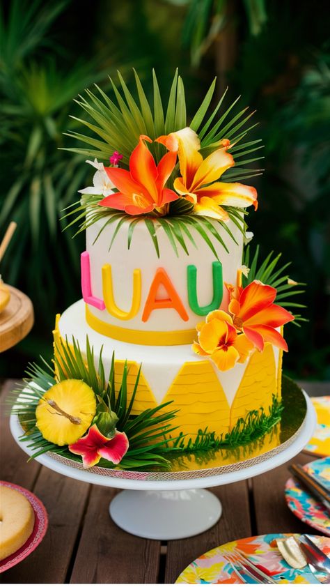 Tropical-themed cake with the word "LUAU" decorated with vibrant lilies and palm leaves. Luau Cake Ideas, Birthday Party Cake Ideas, Luau Cake, Creative Cake Ideas, Party Cake Ideas, Blue Icing, Luau Theme Party, Luau Birthday Party, Fun Decorations