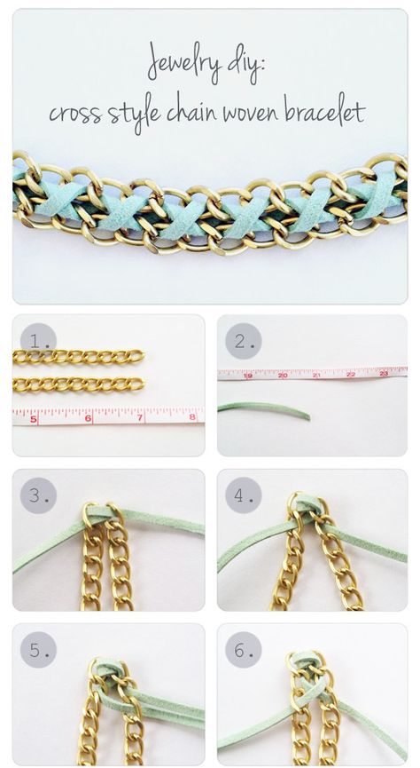 DIY Woven Leather and Chain Bracelet Tutorial from... | True Blue Me & You DIYs for Creatives Chain Bracelet Tutorial, Woven Bracelet Tutorial, Leather Chain Bracelet, Chain Bracelet Diy, Diy Bracelets Tutorials, Diy Bracelets Easy, Chain Bracelets, Homemade Jewelry, Handmade Wire Jewelry