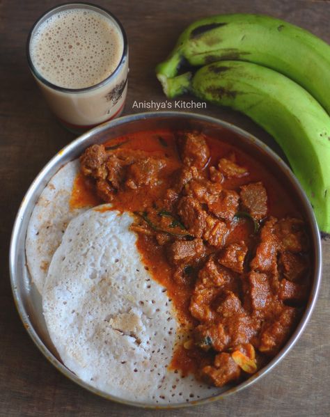 Kerala Syle Appam and Beef Curry - Traditional Kerala Christmas and Easter breakfast. Kerala Food Photography, Appam And Stew, Kerala Meals, Kerala Breakfast, Indian Food Menu, Kerala Cuisine, Curry Beef, Indian Food Photography, Kerala Recipes