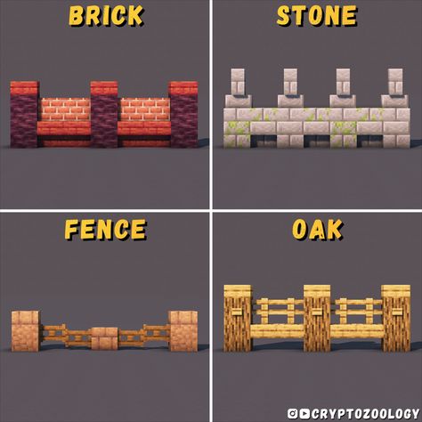 Check out my page or YouTube for the rest of the designs (Pinterest only let's me post so many photos at once. Sorry!) Minecraft Wood Palette, Minecraft Wall Designs Exterior, Disruptive Builds, Minecraft Wall Ideas, Minecraft Wall Designs, Minecraft Brick, Minecraft Hack, Minecraft Templates, Design Walls