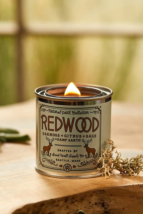 National Park Tin Candle, Redwood Western Candles, Anthropologie Candle, Earth Craft, Man Candle, Wooden Wick Candles, Camping Aesthetic, Tin Candle, Wooden Wick, Unique Candles