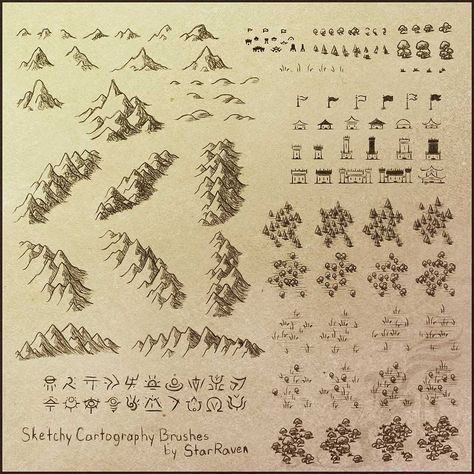 Sketchy Cartography Brushes by StarRaven Texture Photoshop, Cartography Map, Map Sketch, Fantasy Map Making, Mountains And Trees, Map Symbols, Photoshop Brushes Free, Fantasy World Map, Map Icons