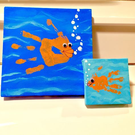 First handprint art on canvas! Big brother fish is 5 yrs Baby sister fish is 9 mo old Big Brother Handprint Craft, Baby Brothers, Kid Projects, Sisters Art, Theme Days, Handprint Craft, Gifting Ideas, Handprint Art, Nail Art Videos