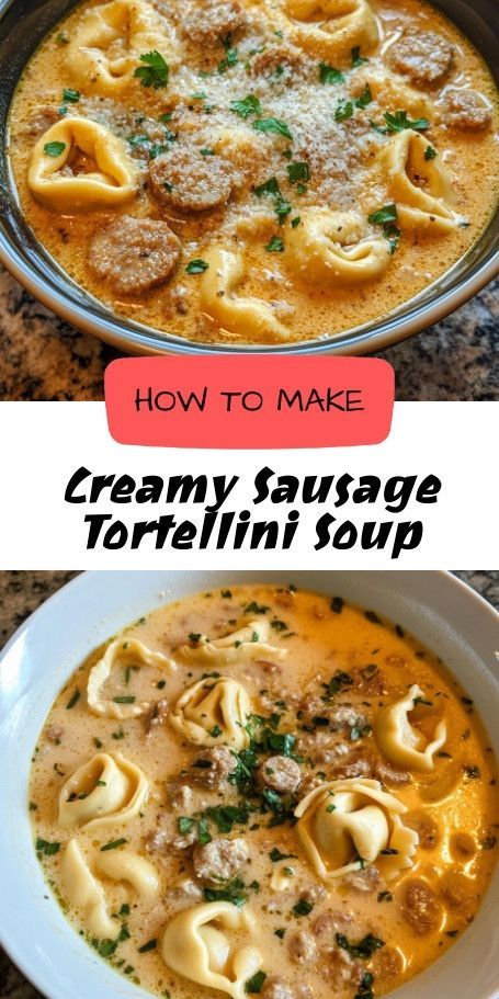 Warm Up with Creamy Sausage Tortellini Soup - A Cozy Recipe for Chilly Days Discover the ultimate comfort food this November with our creamy sausage tortellini soup. This hearty dish combines savory Italian sausage, rich cheese tortellini, and fresh spinach in a luscious broth, perfect for family gatherings or quiet nights in. Ready in just 45 minutes, it's sure to become a family favorite! :stew::sparkles: #CreamySausageSoup #ComfortFood #TortelliniSoup #CozyBowl #EasyRecipes Tortellini Sausage Spinach Soup, Creamy Sausage Tortellini Soup, Creamy Sausage Tortellini, Italian Sausage Tortellini Soup, Cheese Tortellini Recipes, Cheese Tortellini Soup, Autumn Soup, Creamy Tortellini Soup, Spinach Tortellini Soup