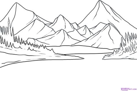 The first step to drawing a lake is drawing the guidelines for the ground and scenery. Description from amaljaz.com. I searched for this on bing.com/images Trail Drawing, Mountains Drawing, Mountain Sketch, Mountain Drawing, Mountain Illustration, Room Painting, Landscape Sketch, Lake Vacation, Rental Homes