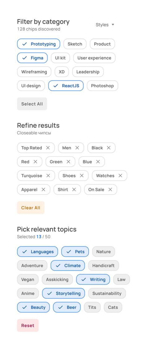 Chips selection for filters UI design in Figma Application Ui Design, Software Ui Design, Ux Design Mobile, Ui Design Principles, Ui Ux 디자인, Mobile App Design Inspiration, Ui Patterns, Ui Design Website, Mobile Ui Design