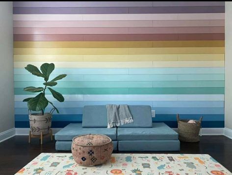 Shiplap Rainbow Wall, Rainbow Shiplap Wall, Closet Conversion, Timber Feature Wall, Farmhouse Playroom, Kid Bedrooms, Entryway Makeover, Stripe Wall, Boho Office