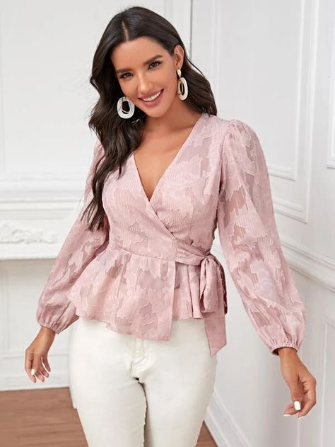 Puff Sleeve Self Tie Wrap Blouse | SHEIN USA Wrap Blouse Outfit, Ruffle Top Blouses, Floral Babydoll Top, Blouse Casual Fashion, Boho Layering, Blouse Diy, Crop Top Sweater, Women Blouses, Wrap Blouse