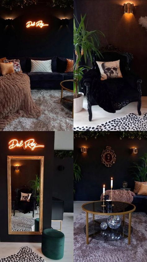 Boho Tattoo Shop Decor, Bailey Sarian House, Eclectic Beauty Salon, Dark Maximalism Office, Greenery Esthetician Room, Black Studio Apartment Aesthetic, Esthetics Room Decor Interior Design, Dark Makeup Room, Glam Esthetician Room