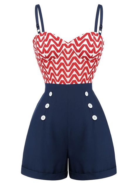 30-70% OFF✓ Fast Shipping✓Embrace vintage elegance with the red & blue 1950s chevron stripe strap romper. Bold stripes and timeless design for an unforgettable look! Vintage Athletic Wear, 1950s Shorts, Outfit Planning, Character Prompts, Ryder Cup, Styles Summer, Outfit Plan, Standard Dress, Summer Inspo