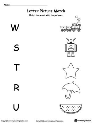 Uppercase Beginning Letter Sound: W S T R U: Encourage your child to learn letter sounds by practicing saying the name of the picture and connecting with the correct letter in this printable worksheet. Match The Letter With The Picture, Worksheet For Nursery Class, Preschool Worksheets Free Printables, Nursery Worksheets, Kindergarten Phonics Worksheets, Alphabet Worksheets Kindergarten, Kindergarten Letters, Work Sheet, Kids Worksheets Preschool