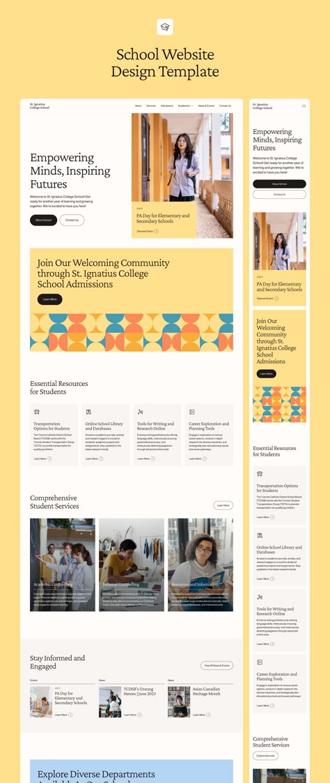 Ignatius School — Website Design Template — Figma Resources on UI8 Website Resources Page Design, Language Website Design, Resources Page Design, Mobile Blog Design, Text Based Website Design, Institute Website Design, Modular Website Design, Research Website Design, Directory Website Design